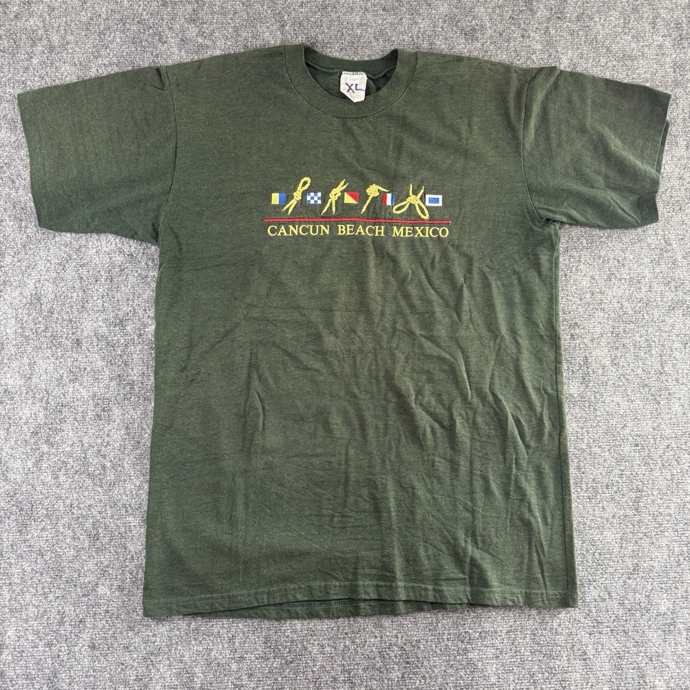 Vintage Y2K Cancun Beach Mexico Embroidered T-Shirt‎ Green XL